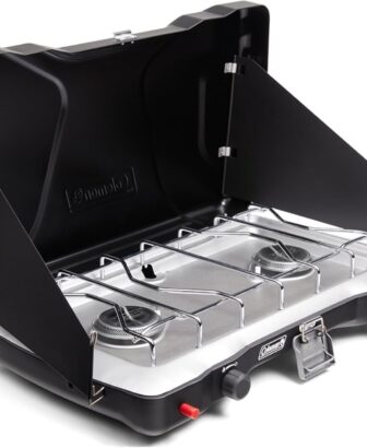 Coleman Triton+ 2-Burner Propane Camping Stove with InstaStart Ignition, Portable Camping Cooktop with 2 Adjustable Burners & Wind Guards, 22,000 BTUs of Power for Camping, Tailgating, Grilling