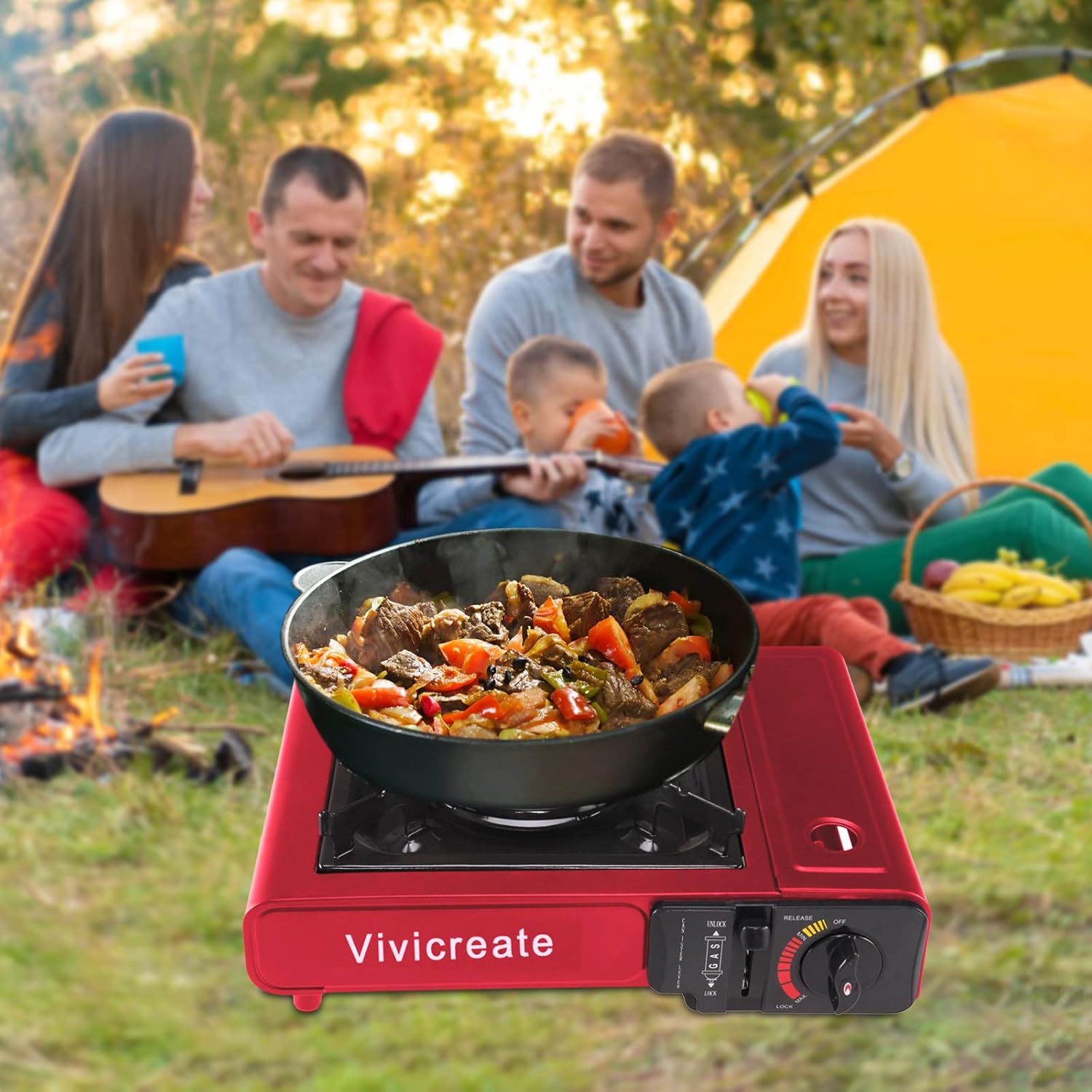 Vivicreate Portable Butane Stove 8500 BTU, Butane Stove with Auto Ignition for Camping, Lightweight Portable Gas Stove Burner with Safety Lock, Butane Burner, Estufa de Gas Portatil(Red) - Image 4