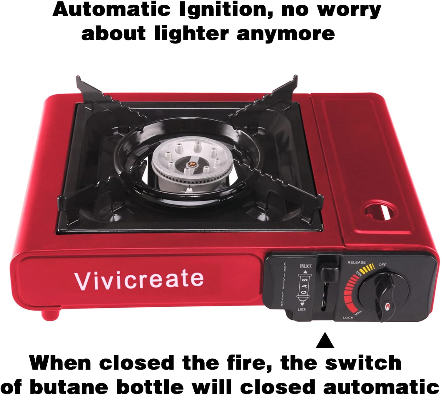 Vivicreate Portable Butane Stove 8500 BTU, Butane Stove with Auto Ignition for Camping, Lightweight Portable Gas Stove Burner with Safety Lock, Butane Burner, Estufa de Gas Portatil(Red) - Image 5