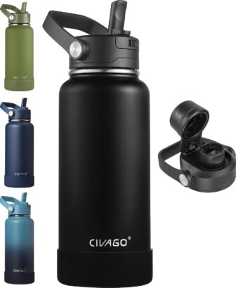 CIVAGO 32 oz Insulated Stainless Steel Water Bottle with Removable Straw | Large Leakproof Metal Water Jug, Sports Thermal Flask Cup with Bucket Handle, Silicone Boot, Dishwasher Safe, BPA-Free, Black