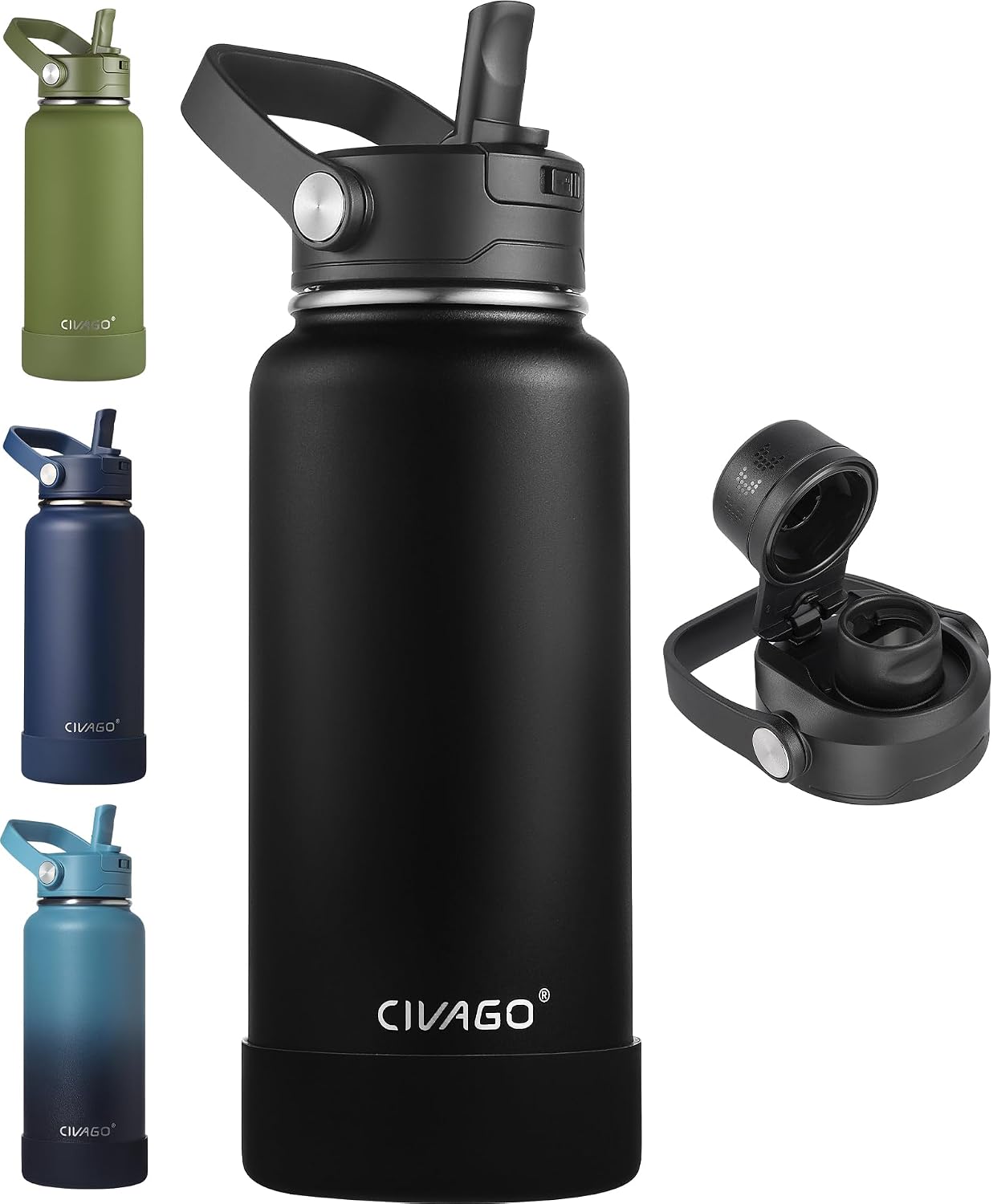 CIVAGO 32 oz Insulated Stainless Steel Water Bottle with Removable Straw | Large Leakproof Metal Water Jug, Sports Thermal Flask Cup with Bucket Handle, Silicone Boot, Dishwasher Safe, BPA-Free, Black