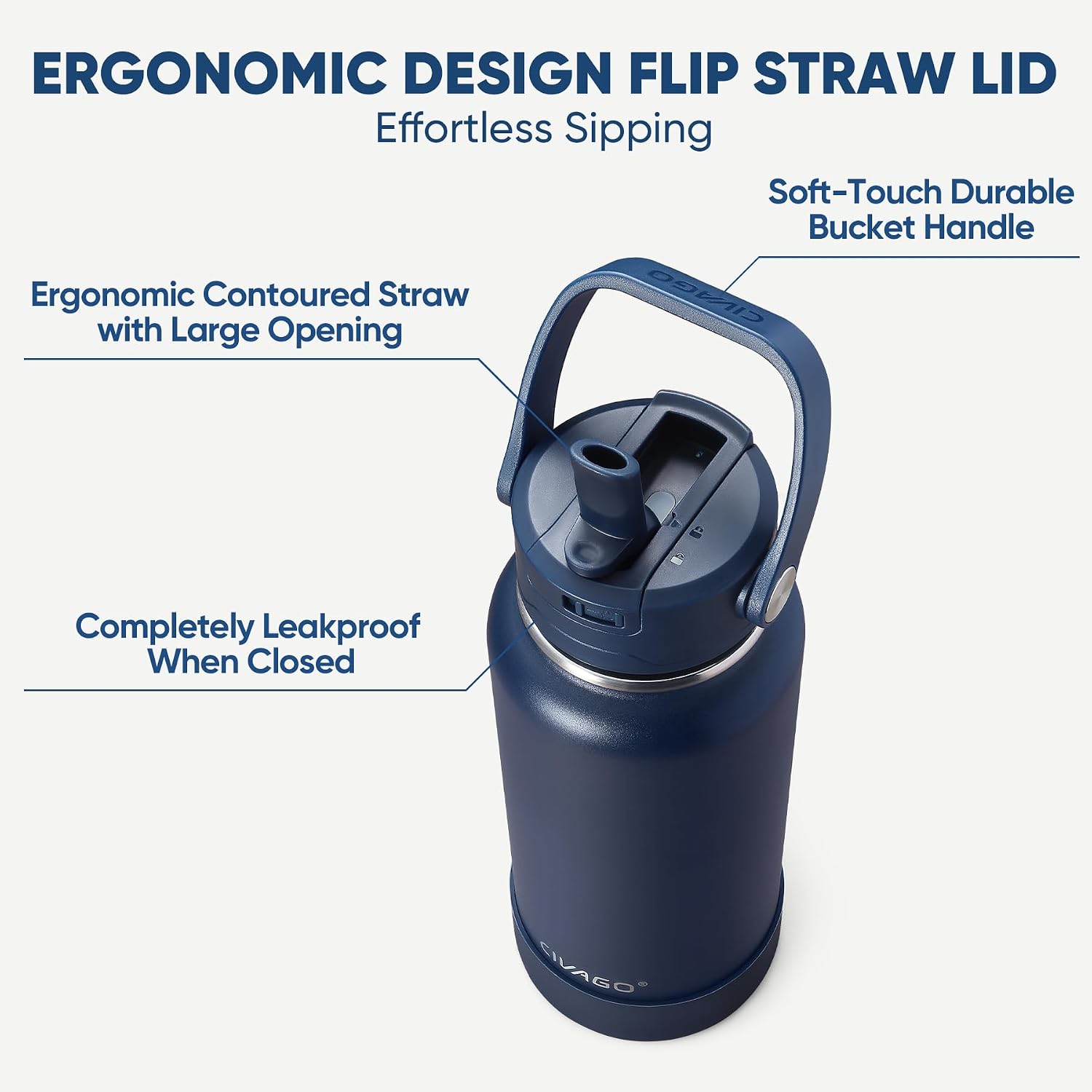 CIVAGO 32 oz Insulated Stainless Steel Water Bottle with Removable Straw | Large Leakproof Metal Water Jug, Sports Thermal Flask Cup with Bucket Handle, Silicone Boot, Dishwasher Safe, BPA-Free, Black - Image 2