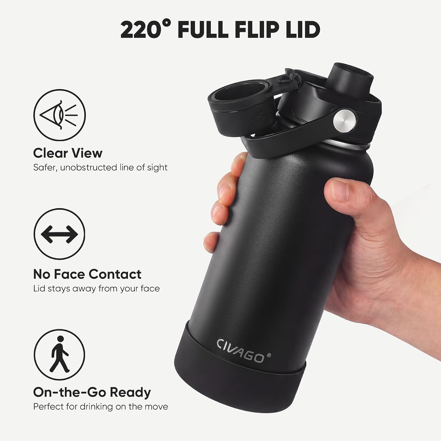 CIVAGO 32 oz Insulated Stainless Steel Water Bottle with Removable Straw | Large Leakproof Metal Water Jug, Sports Thermal Flask Cup with Bucket Handle, Silicone Boot, Dishwasher Safe, BPA-Free, Black - Image 3