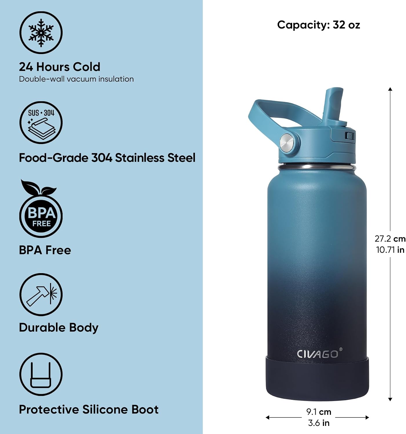 CIVAGO 32 oz Insulated Stainless Steel Water Bottle with Removable Straw | Large Leakproof Metal Water Jug, Sports Thermal Flask Cup with Bucket Handle, Silicone Boot, Dishwasher Safe, BPA-Free, Black - Image 7